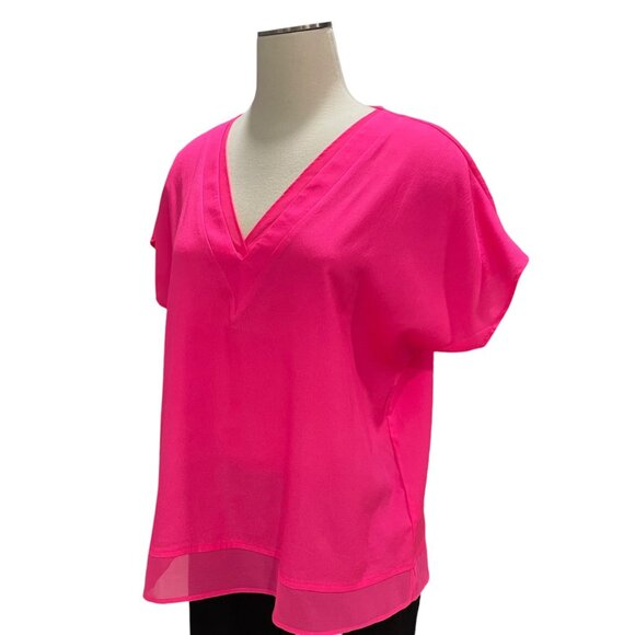 DKNY Hot Pink V-Neck Blouse Medium Chic Layered Flowy Comfy Minimalist Feminine - Picture 7 of 9